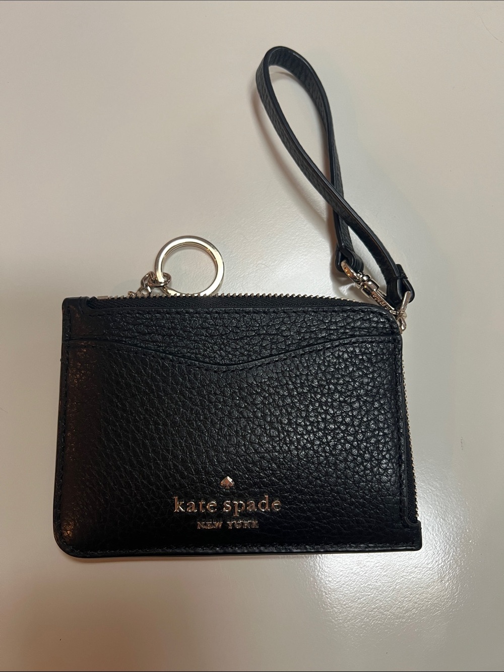 kate spade Black Pebbled Leather Wristlet Card Case with Keyring